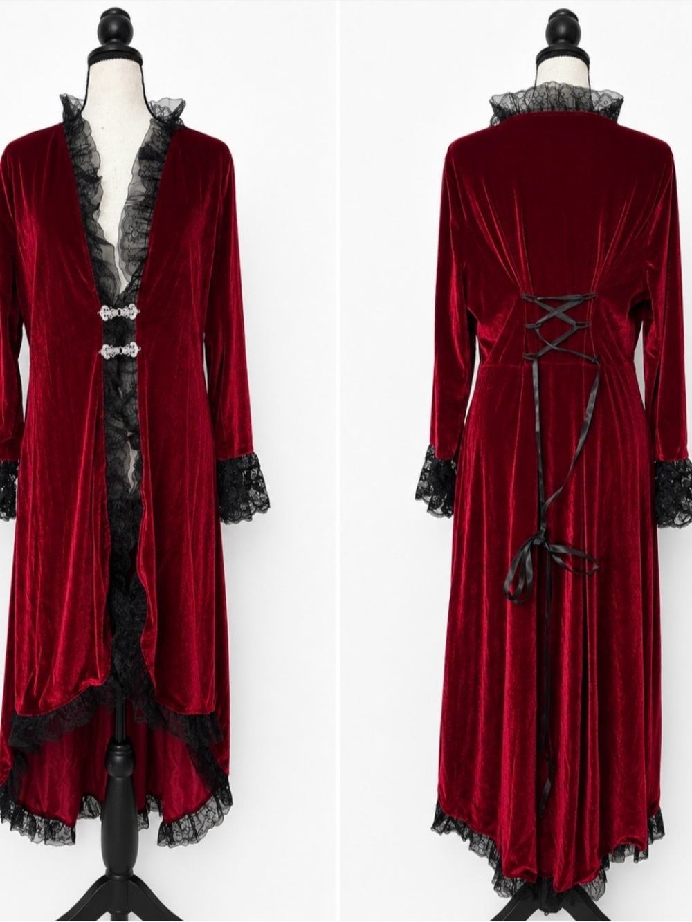 Whimsigoth Red Velvet Like Lace High Low Duster Coat Gothic Witchy Cardigan